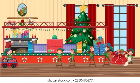 Elves making Christmas presents illustration