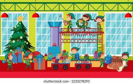 Elves making Christmas presents illustration