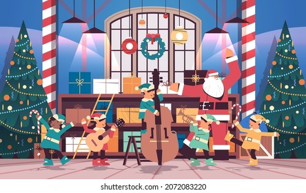 elves with musical instruments santa helpers team playing guitar and trumpet happy new year christmas holidays celebration