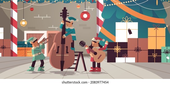 elves with musical instruments santa helpers team playing guitar and trumpet happy new year christmas holidays celebration