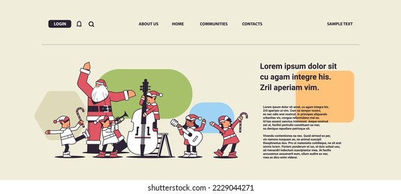 elves with musical instruments santa helpers playing guitar and trumpet happy new year christmas holidays celebration