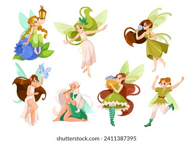 Elves and Nature with Fairy Girl with Wings and Forest Fauna Vector Set