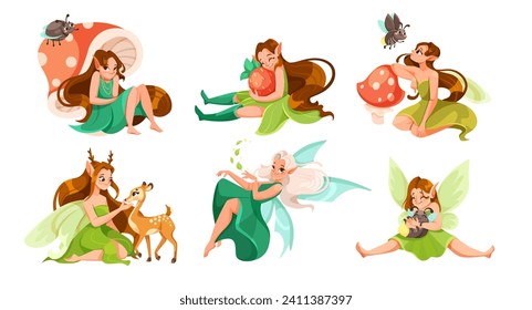 Elves and Nature with Fairy Girl with Wings and Forest Fauna Vector Set