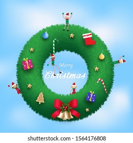 Elves on Christmas wreath decorate with ribbon, sock, stars, candy canes, gift on white background. Vector illustration cartoon style for Christmas holiday.