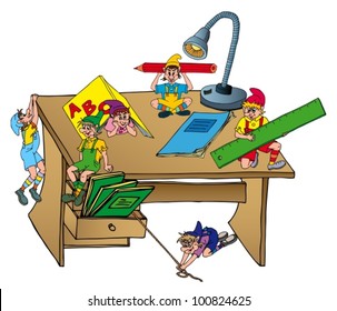 Elves on school table - vector illustration.