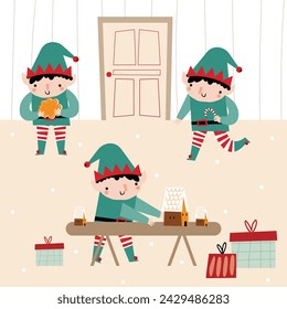 Elfos empacando el regalo de Navidad. Ilustración infantil para calendario de adviento o póster.