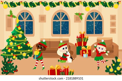 Los elfos están jugando en una habitación dentro de la casa de Santa. La habitación está decorada con guirnaldas, hueso, árbol de Navidad, regalos y decoraciones. Ilustración de dibujos animados educados y amables.