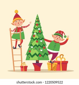 Elves preparing Christmas pine evergreen tree for winter holiday vector. Gnome wearing costume standing on ladder decorating spruce with baubles. Presents and gift boxes below decorated for symbol