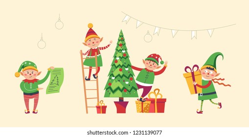 Elves preparing Christmas pine evergreen tree for winter holiday vector. Gnome wearing costume standing on ladder decorating spruce with baubles. Presents and gift boxes below decorated for symbol