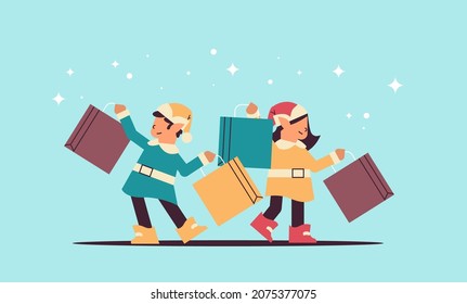 elves with purchases preparing for new year and christmas holidays celebration santa helpers holding shopping boxes