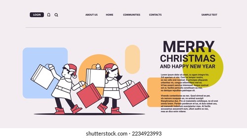 elves with purchases preparing for new year and christmas holidays celebration santa helpers holding shopping boxes