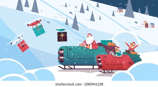 elves with santa claus driving sleigh car with gifts merry christmas happy new year winter holidays celebration