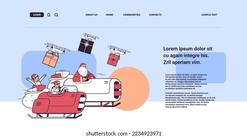 elves with santa claus driving sleigh car with gifts merry christmas happy new year winter holidays celebration