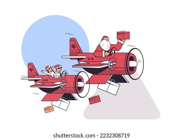 elves with santa claus flying airplane with gifts merry christmas happy new year winter holidays celebration