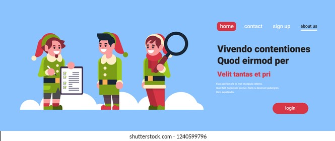 elves santa claus helper with magnifier glass and OK checklist successful searching happy new year merry christmas concept flat horizontal copy space