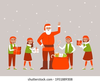 Elves and Santa Claus are packing gifts for Christmas. Christmas card with gifts, Santa and helpers. Flat vector illustration.