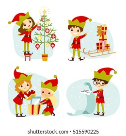 Elves Santa's helpers cartoon vector illustration for congratulation card, website, celebration, booklet and banner.