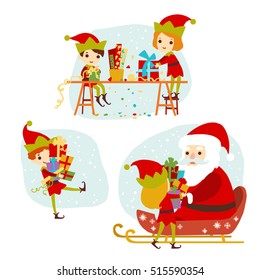 Elves Santa's helpers cartoon vector illustration for congratulation card, website, celebration, booklet and banner.