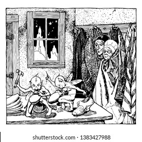 The Elves and the Shoemaker, this scene shows two elves making the shoes, one sewing shoe and another fixing something with hammer, an old woman and man looking at elves, vintage line drawing