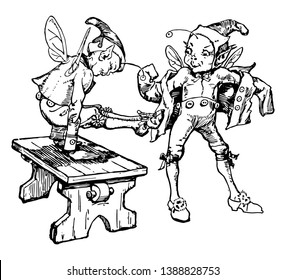 The Elves and the Shoemaker, this scene shows two elves in clothes, and one of them playing on table, vintage line drawing or engraving illustration