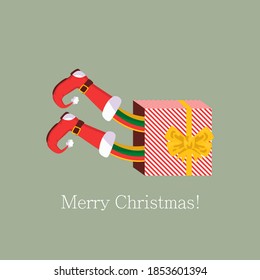 Elves in shoes and box. Shoes for elves feet, feet of gnomes-assistants of Santa Claus in a set of pants. Shoes, funny striped socks and boots. Vector illustration