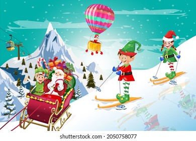 Elves Skiing with Santa Claus Winter time and hot air Christmas balloon