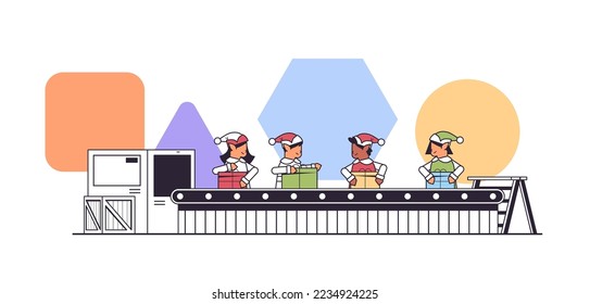 elves team putting gifts on machinery line conveyor belt happy new year christmas holidays celebration concept