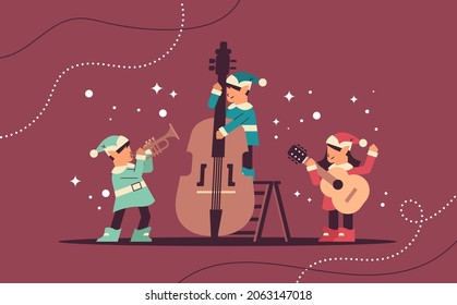 elves in uniform with musical instruments santa helpers team playing guitar and trumpet happy new year christmas holidays celebration