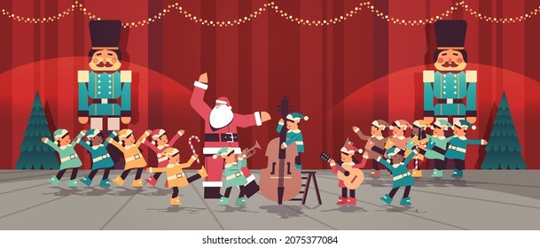 elves in uniform with musical instruments santa helpers playing guitar and trumpet happy new year christmas holidays celebration