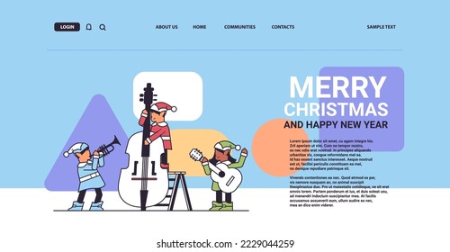elves in uniform with musical instruments santa helpers team playing guitar and trumpet happy new year christmas holidays