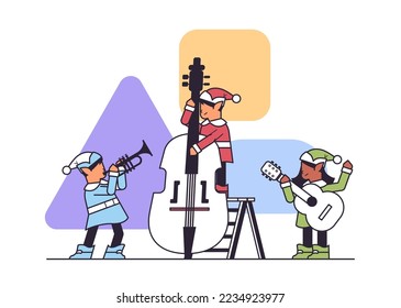 elves in uniform with musical instruments santa helpers team playing guitar and trumpet happy new year christmas holidays celebration