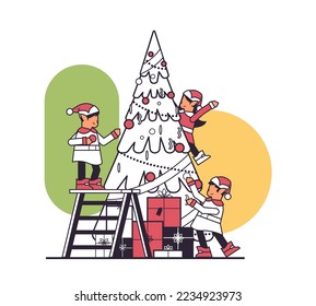 elves in uniform santa helpers team decorating fir tree happy new year merry christmas holidays celebration