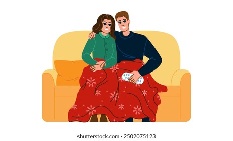 elves watching holiday movies vector. snow fireplace, family joy, laughter tradition elves watching holiday movies character. people flat cartoon illustration