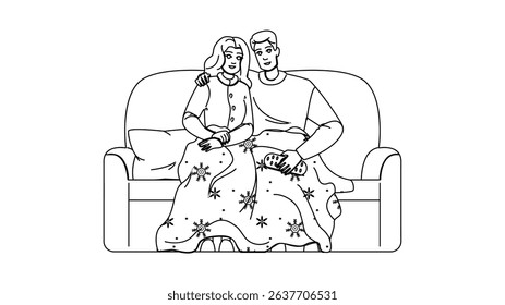 elves watching holiday movies vector. snow fireplace, family joy, laughter tradition elves watching holiday movies character. people black line pencil drawing illustration