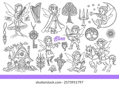 Elves with wings on backs and pointed ears from ancient legends or myths. Elves sitting on crescent moon or horse near fairytale house and magical talismans or musical instruments. Hand drawn.