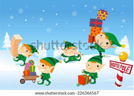 Santa´s elves working at the north pole carrying santa claus presents for the children of the world