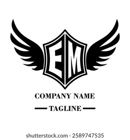 EM A bold winged shield emblem with customizable initials A-Z. Sleek black-and-white vector, perfect for branding, sports teams, motorcycle clubs, gaming,apparel and High-quality
