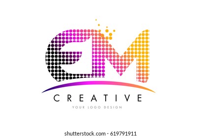 EM E M Dots Letter Logo Design with Magenta Bubble Circles and Swoosh