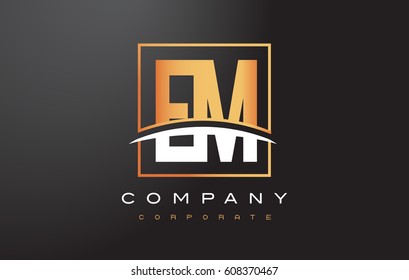 EM E M Golden Letter Logo Design with Swoosh and Rectangle Square Box Vector Design.