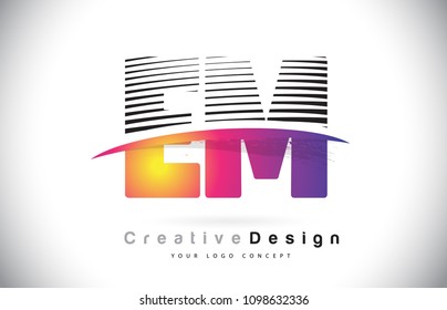 EM E M Letter Logo Design With Creative Lines and Swosh in Purple Brush Color Vector Illustration.
