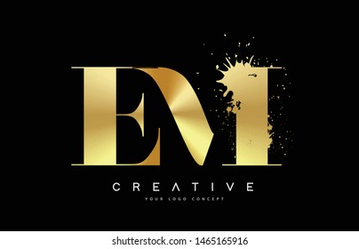EM E M Letter Logo with Gold Melted Metal Splash Vector Design Illustration.