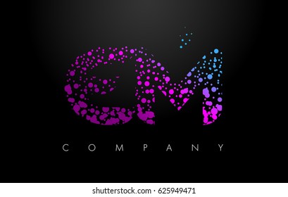 EM E M Letter Logo with Purple Blue Particles and Bubble Dots Design Vector.