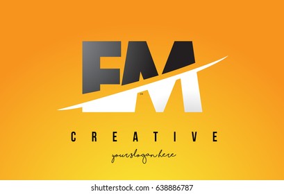 EM E M Letter Modern Logo Design with Swoosh Cutting the Middle Letters and Yellow Background.