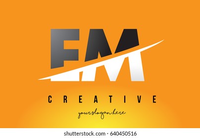 EM E M Letter Modern Logo Design with Swoosh Cutting the Middle Letters and Yellow Background.