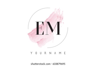 EM E M Watercolor Letter Logo Design with Circular Shape and Pastel Pink Brush.