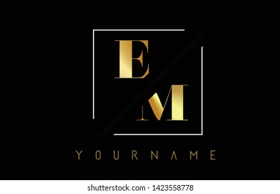 EM Golden Letter Logo with Cutted and Intersected Design and Square Frame Vector Illustration