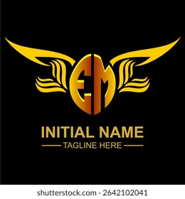 EM Golden Wing Emblem Logo with elegant gold wings, sleek and modern design. Ideal for branding, creative projects, luxury businesses, or artistic ventures.