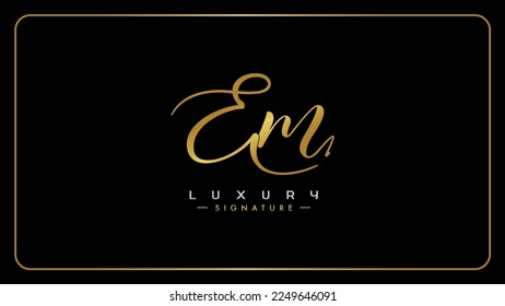 EM handwritten golden logo for identity, Creative gold handwriting initial signature concept design, e and m initials typography monogram icon for any business or company.