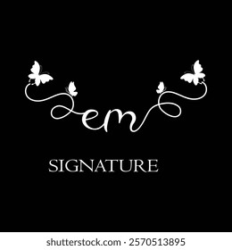 EM Handwritten initial letter, EM simple signature vector logo with butterfly shape variation, beauty, photography letter logo design. E M