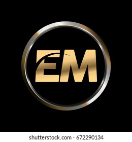 EM initial letter logo inside circle shape, EM inside o rounded lowercase logo gold silver